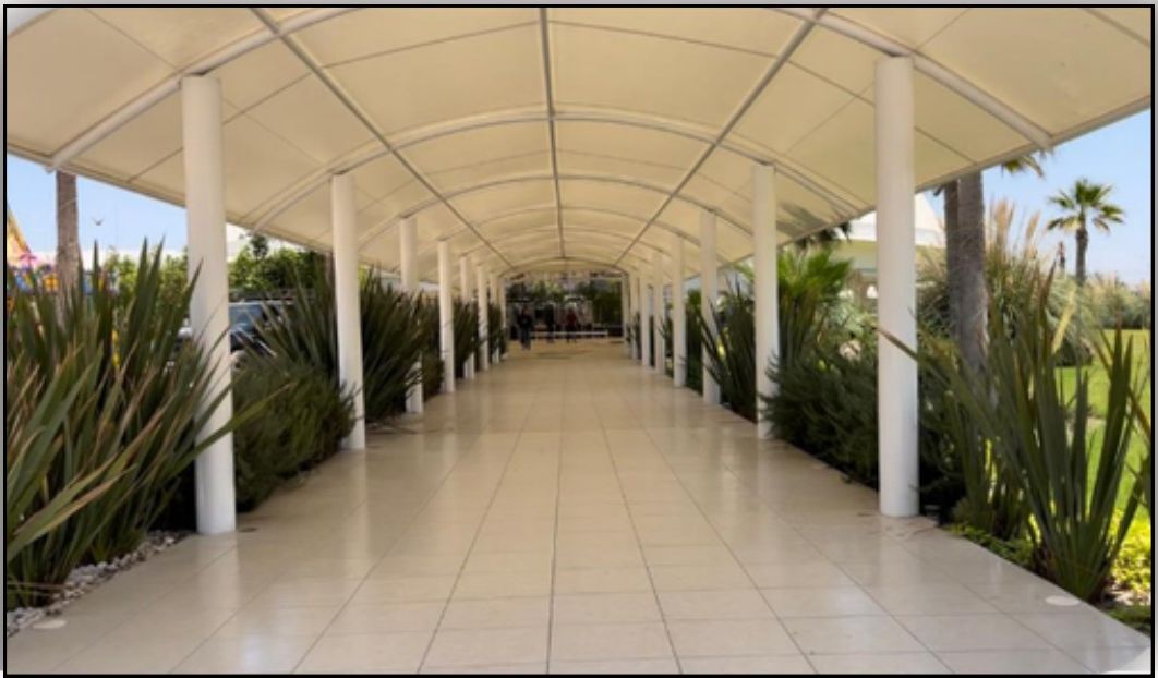 Andador techado de acceso al salón
